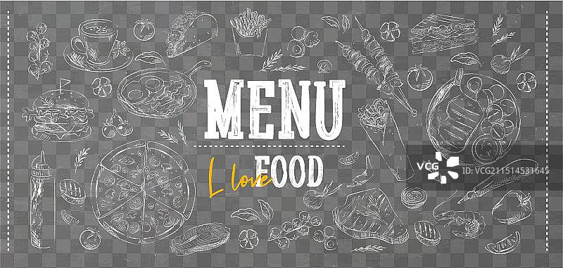 带各种食物素描的黑板图片素材