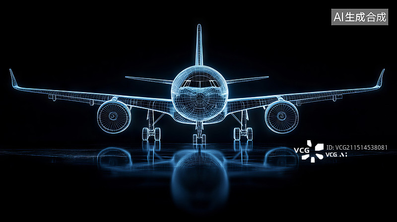 【AI数字艺术】全息数字彩色线条飞机，霓虹客机航空航班，飞行航线飞机引擎图片素材