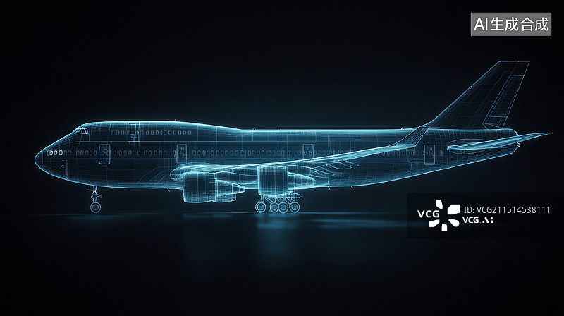 【AI数字艺术】全息数字彩色线条飞机，霓虹客机航空航班，飞行航线飞机引擎图片素材