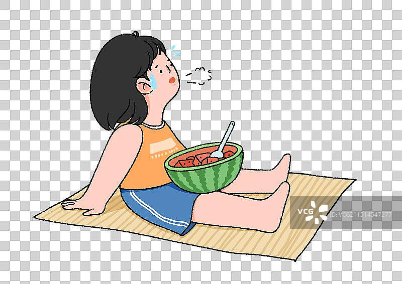 炎热的天气，小女孩坐在凉席上抱着西瓜图片素材
