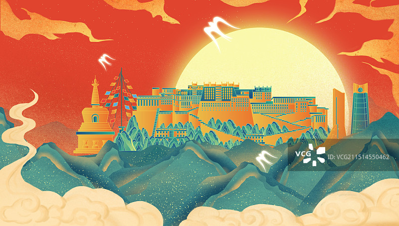 西藏中国风壁画绿山城市建筑图片素材