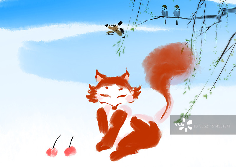 狐狸，小鸟，麻雀，动物，插画图片素材
