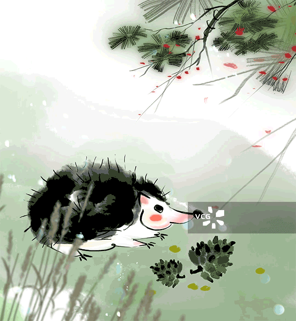 松树，树林，松塔，松子，刺猬，可爱动物水墨动画插图图片素材