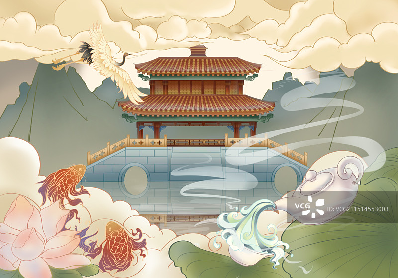 国风亭阁楼台红鲤新中式国风插画图片素材
