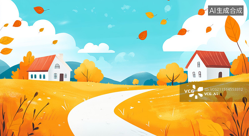 【AI数字艺术】秋日乡村之旅 - 插画版的美丽风景图片素材