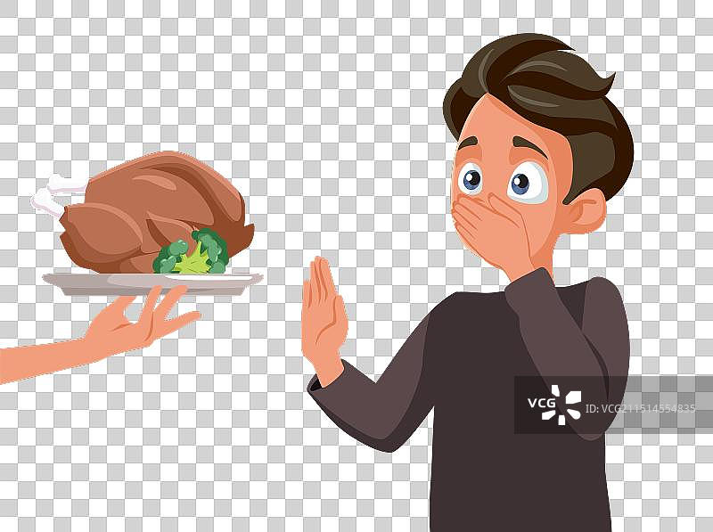 青少年男孩拒绝健康的卡通餐图片素材