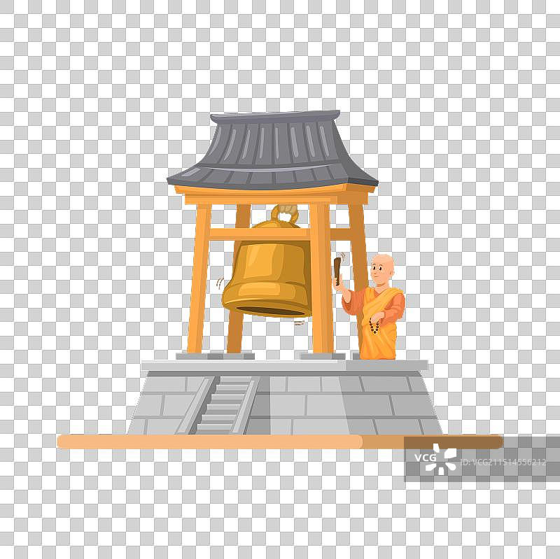 佛教僧侣在寺庙敲钟图片素材