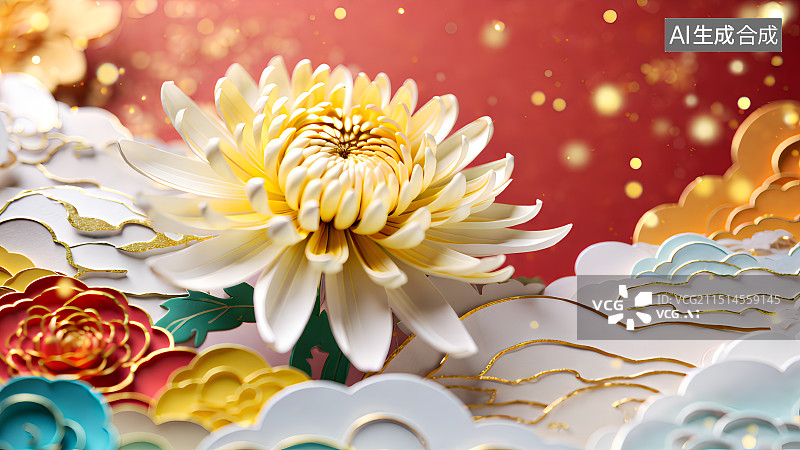 【AI数字艺术】3D渲染，中国风烫金图案菊花背景图，壁纸，重阳节，传统节日，国潮风背景图片素材