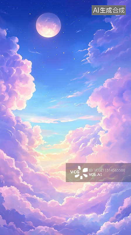 【AI数字艺术】中秋节插画云朵围绕月亮图片素材