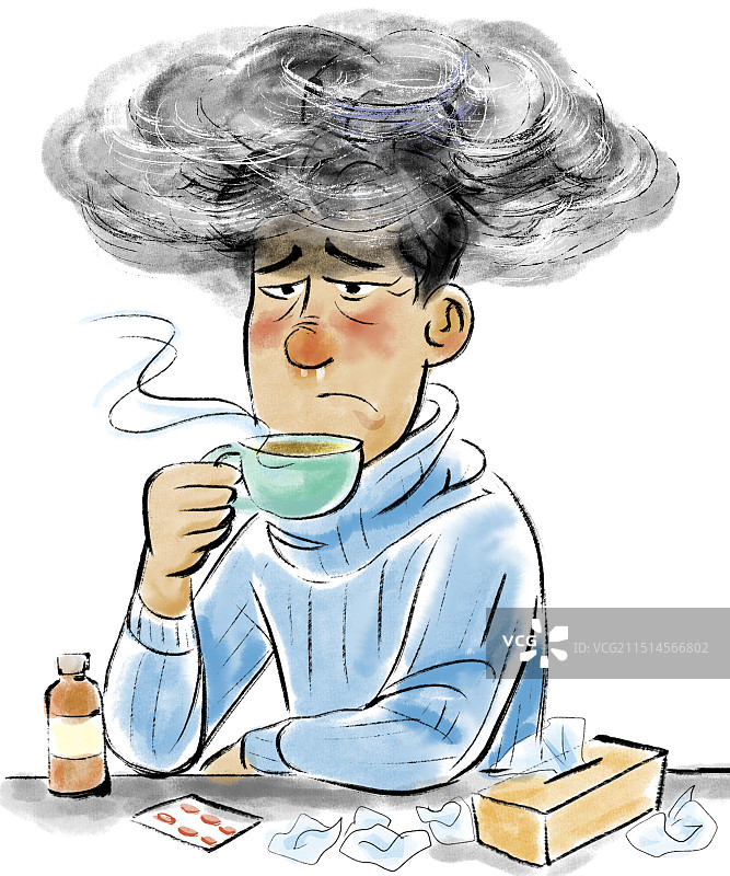 生病的年轻男子喝药，周围是纸巾和药图片素材