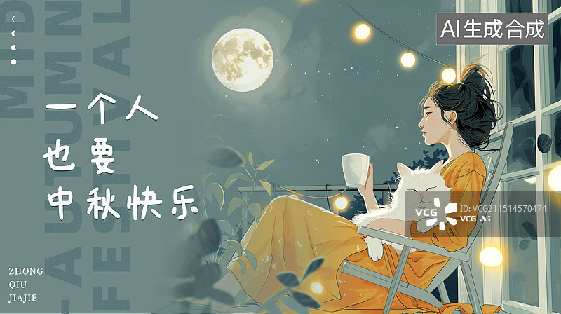 【AI数字艺术】中秋节抱猫的女孩手绘插画海报模板图片素材