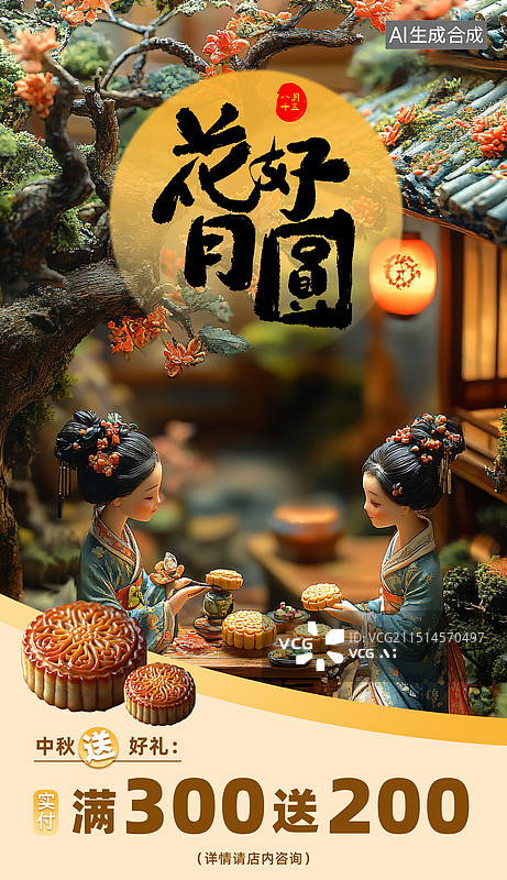 【AI数字艺术】中秋节3D风格古人吃月饼促销海报模板图片素材