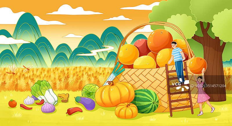 农业庆祝大丰收乡村振兴插画国潮风高山金秋图片素材