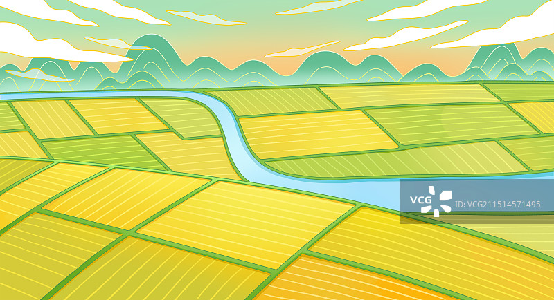 农业乡村田地无人山水背景插画绿色黄色图片素材