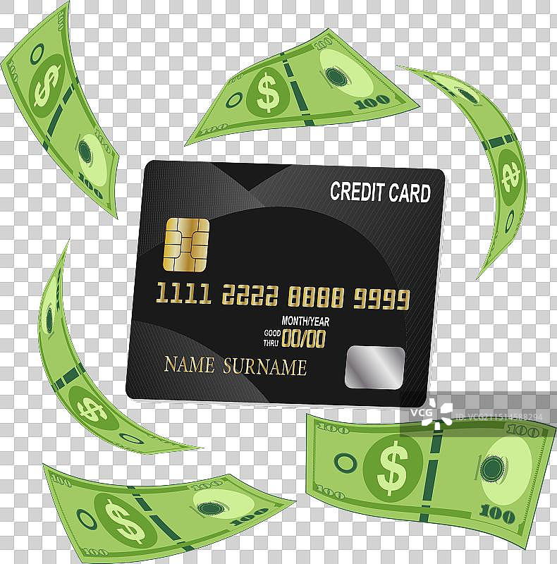 信用卡侧面特写与飞舞的美元纸币图片素材