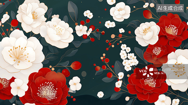 【AI数字艺术】国风插画——墨绿色背景传统中国花卉图片素材