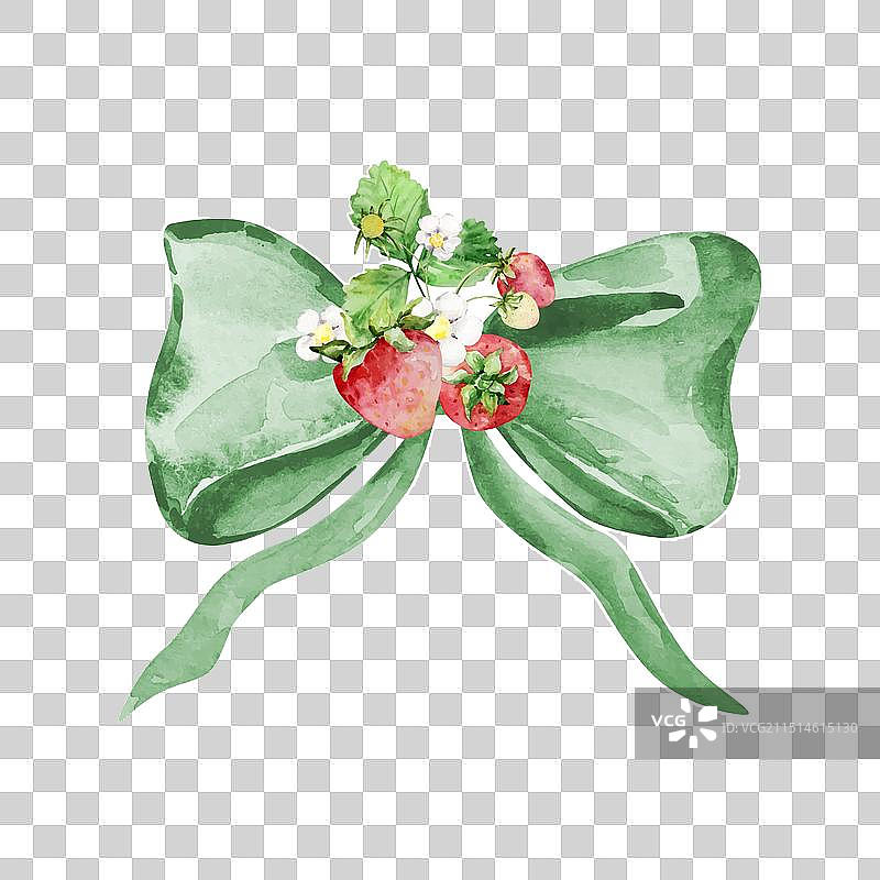 水彩绿色蝴蝶结与草莓丛图片素材