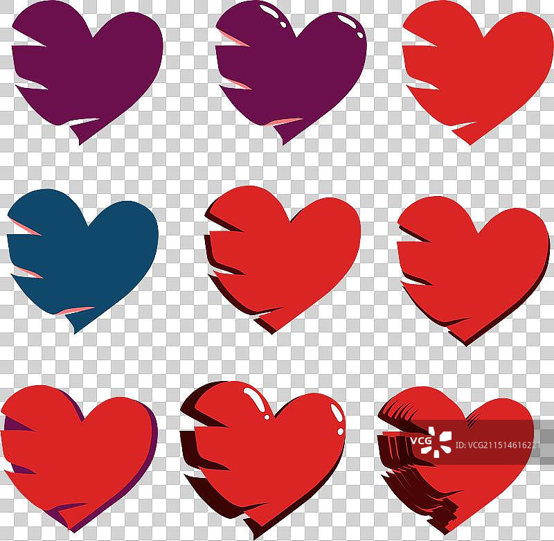 不同标志的撕裂红紫色心形图片素材