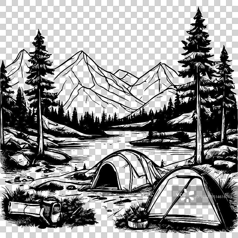 露营地的黑白绘画图片素材
