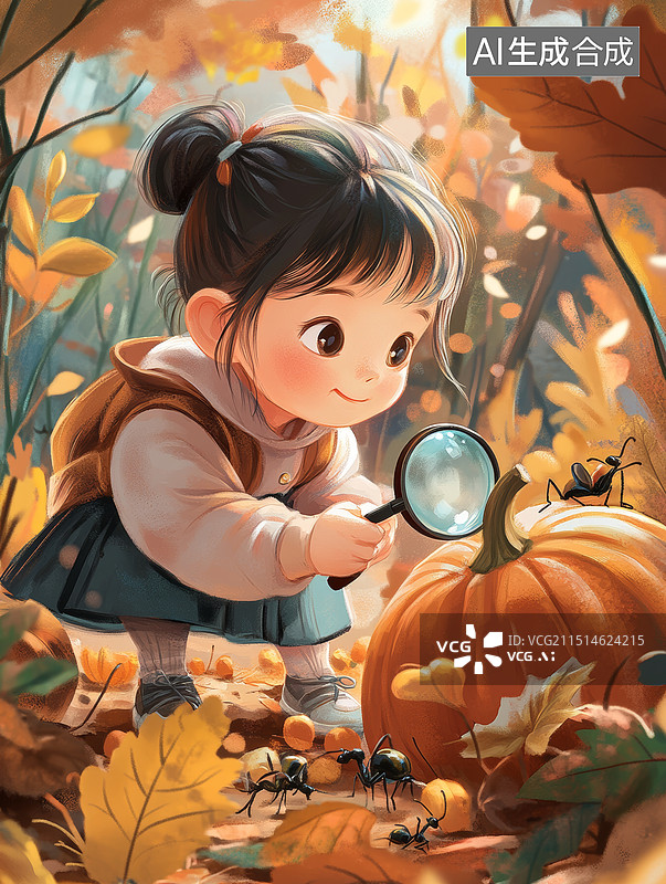 【AI数字艺术】秋天的探索者：小女孩与昆虫世界图片素材