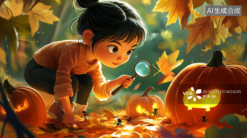 【AI数字艺术】秋天的探索者：小女孩与昆虫世界图片素材
