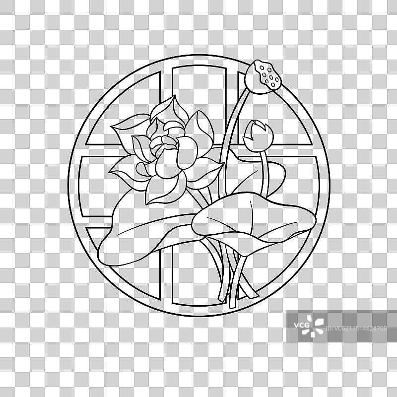 十二花令六月荷花窗花剪影线稿插画图片素材