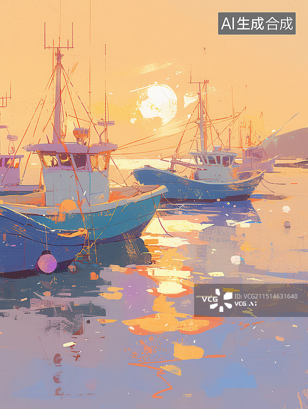 【AI数字艺术】日落余晖下的渔船码头图片素材