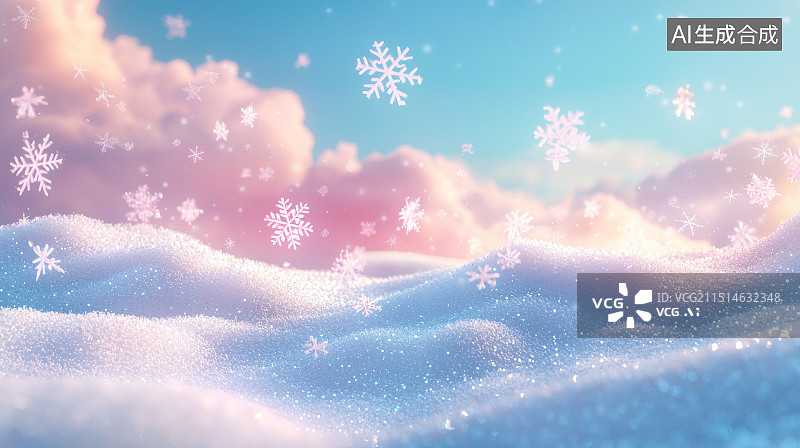 【AI数字艺术】粉色天空下的雪花飞舞与柔和雪景图片素材