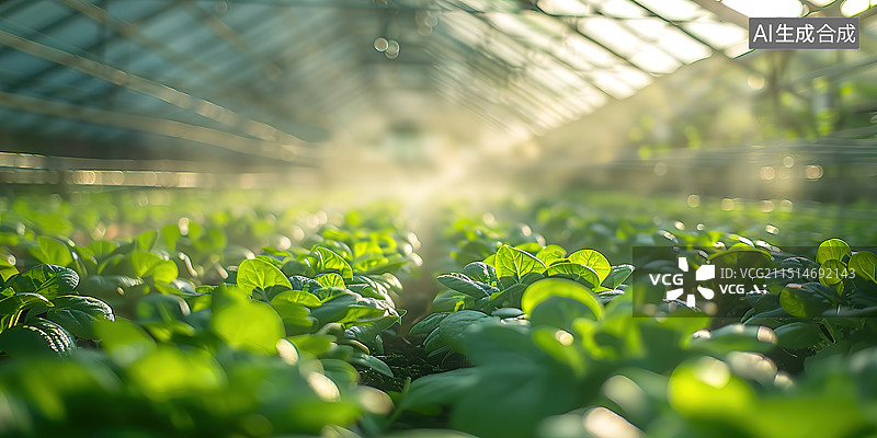 【AI数字艺术】黄昏阳光下蔬菜大棚里的有机蔬菜图片素材