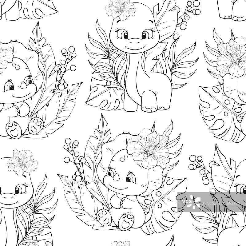 恐龙宝宝和棕榈树叶无缝图案图片素材