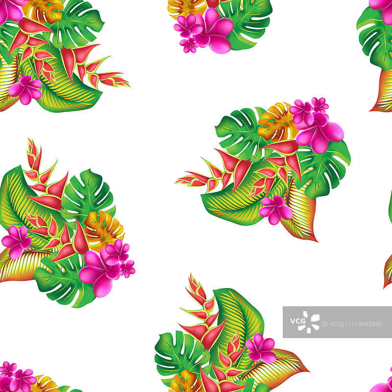 丛林花卉和树叶热带棕榈图案图片素材