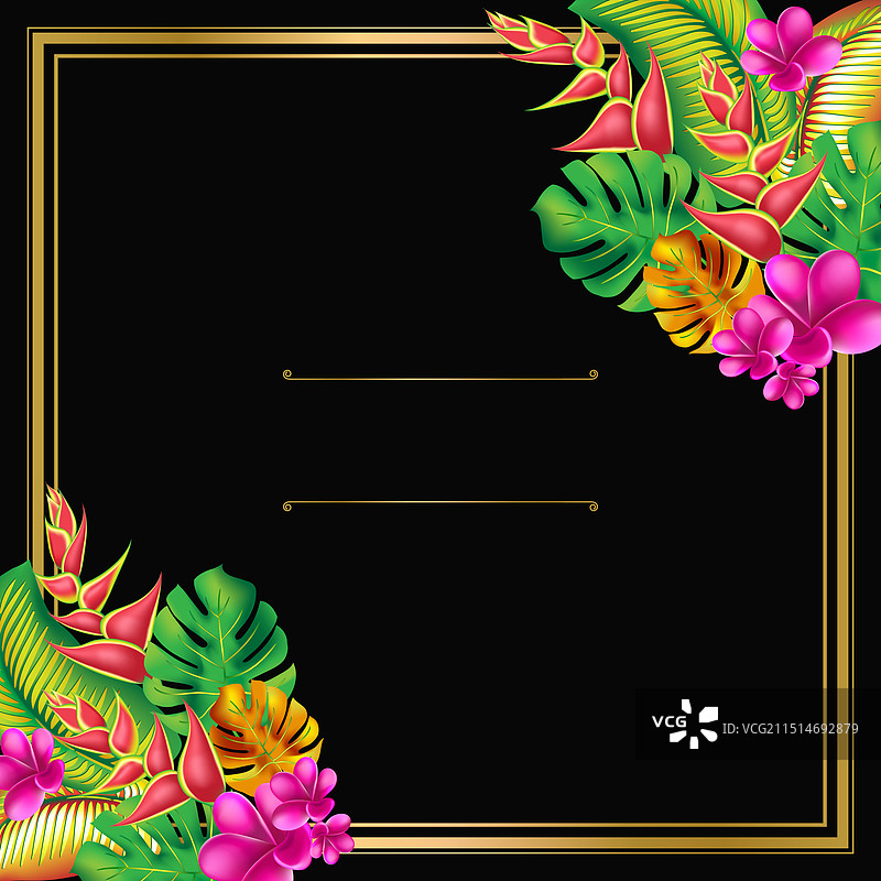 带有芙蓉花和粉色元素的棕榈龟背竹叶图片素材