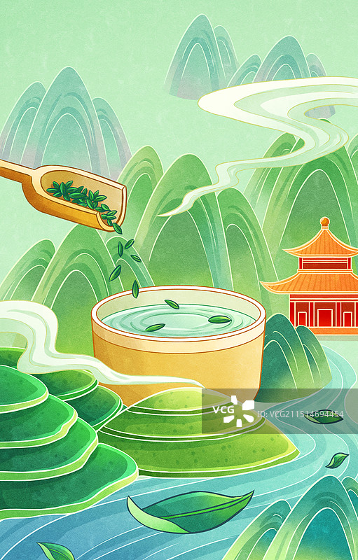 手绘茶田春茶泡茶山水元素图片素材
