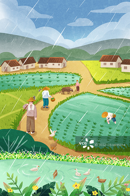 手绘农村农民耕田种地谷雨雨水插画图片素材
