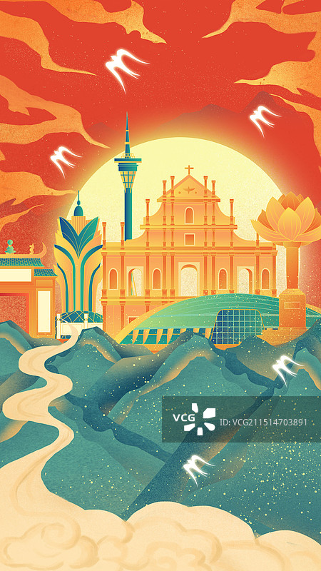 澳门中国风壁画绿山城市建筑图片素材