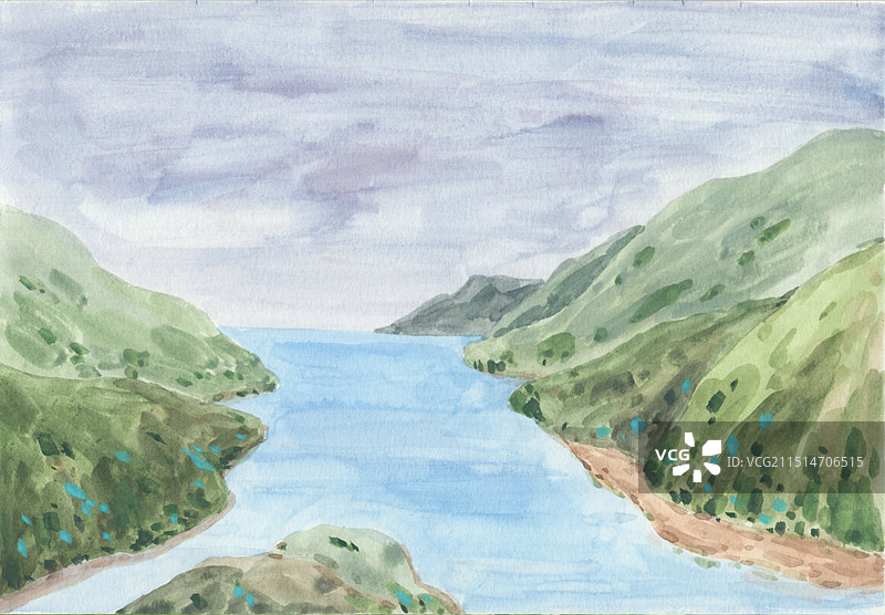 水彩手绘风景插画高山与河流图片素材