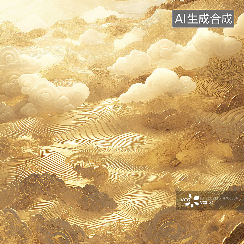 【AI数字艺术】金色质感浮雕祥云背景图片素材
