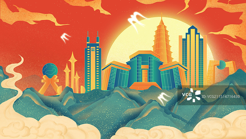 汕头中国风壁画绿山城市建筑图片素材