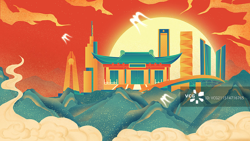 南京中国风壁画绿山城市建筑图片素材