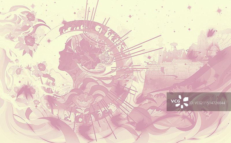 国风拟人化耐冬月季花青岛城市印象地标建筑城市插画图片素材