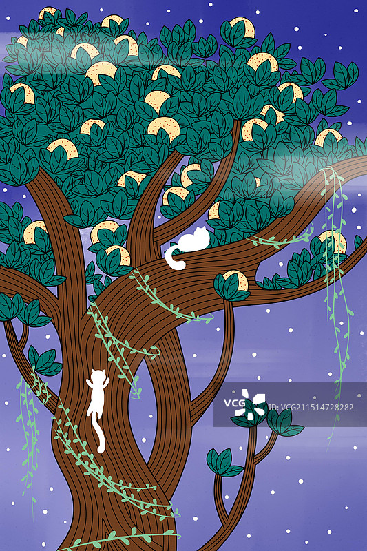 唯美治愈插画夜晚星空大树小猫图片素材