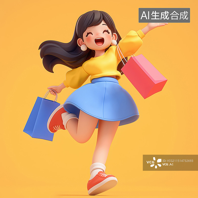 【AI数字艺术】3D卡通人物购物女孩图片素材