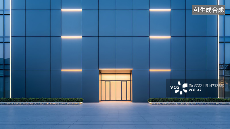 【AI数字艺术】蓝色现代建筑外立面与砖地广场背景图片素材