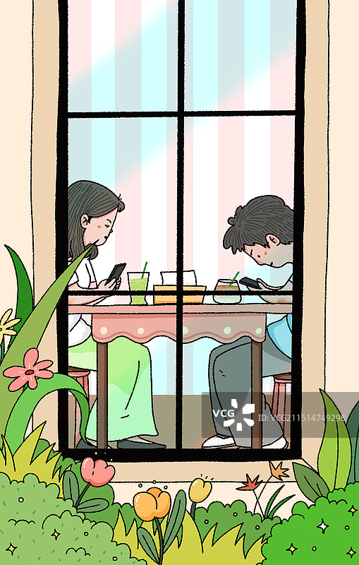 透过窗户看到情侣在餐厅吃饭图片素材