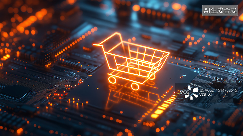 【AI数字艺术】科技与消费 - 电路板上的购物车图片素材