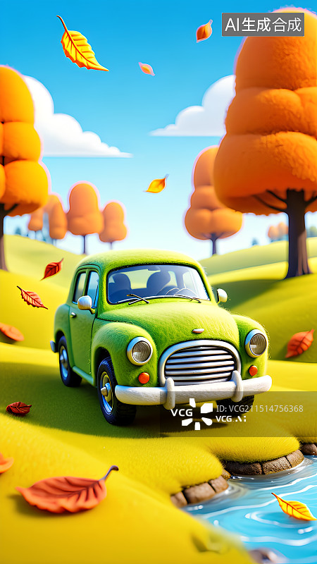 【AI数字艺术】3D渲染汽车，毛毡质感插画，秋天户外自驾游，旅游，旅行，海报，背景图，壁纸图片素材