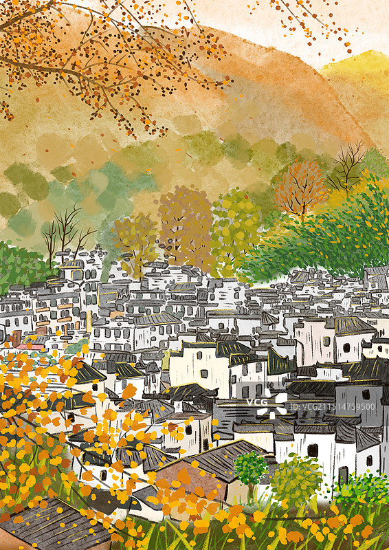 手绘风景插画 城市明信片 江西婺源 文创图片素材