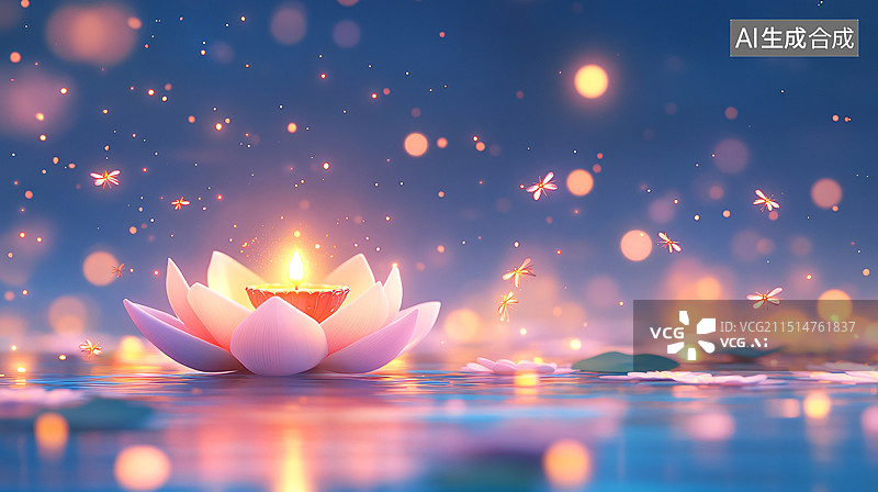 【AI数字艺术】中元节放河灯许愿祈福祭拜寒衣节中国风插画图片素材