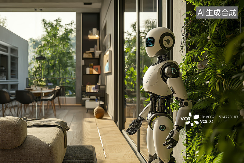 【AI数字艺术】现代家庭中的智能机器人进行家务协助图片素材