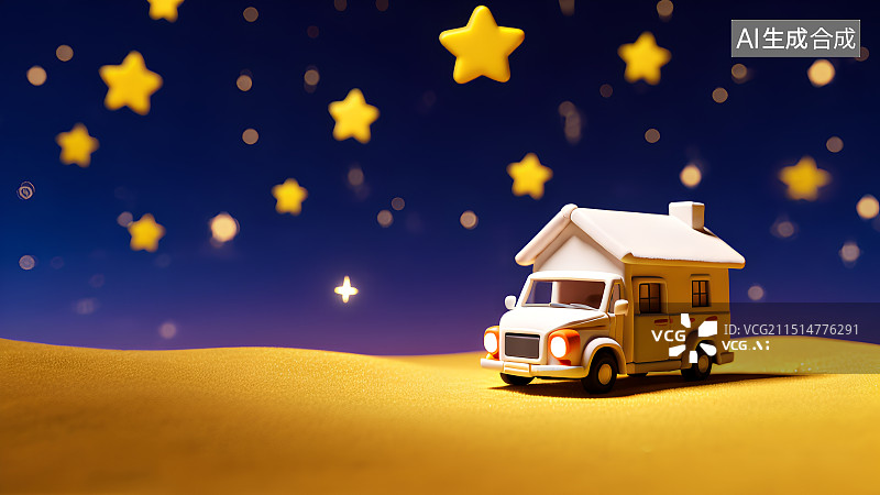 【AI数字艺术】3D渲染，毛毡质感插画，夜晚星空下的房车，自驾游，旅游，旅行，海报，背景图，壁纸图片素材